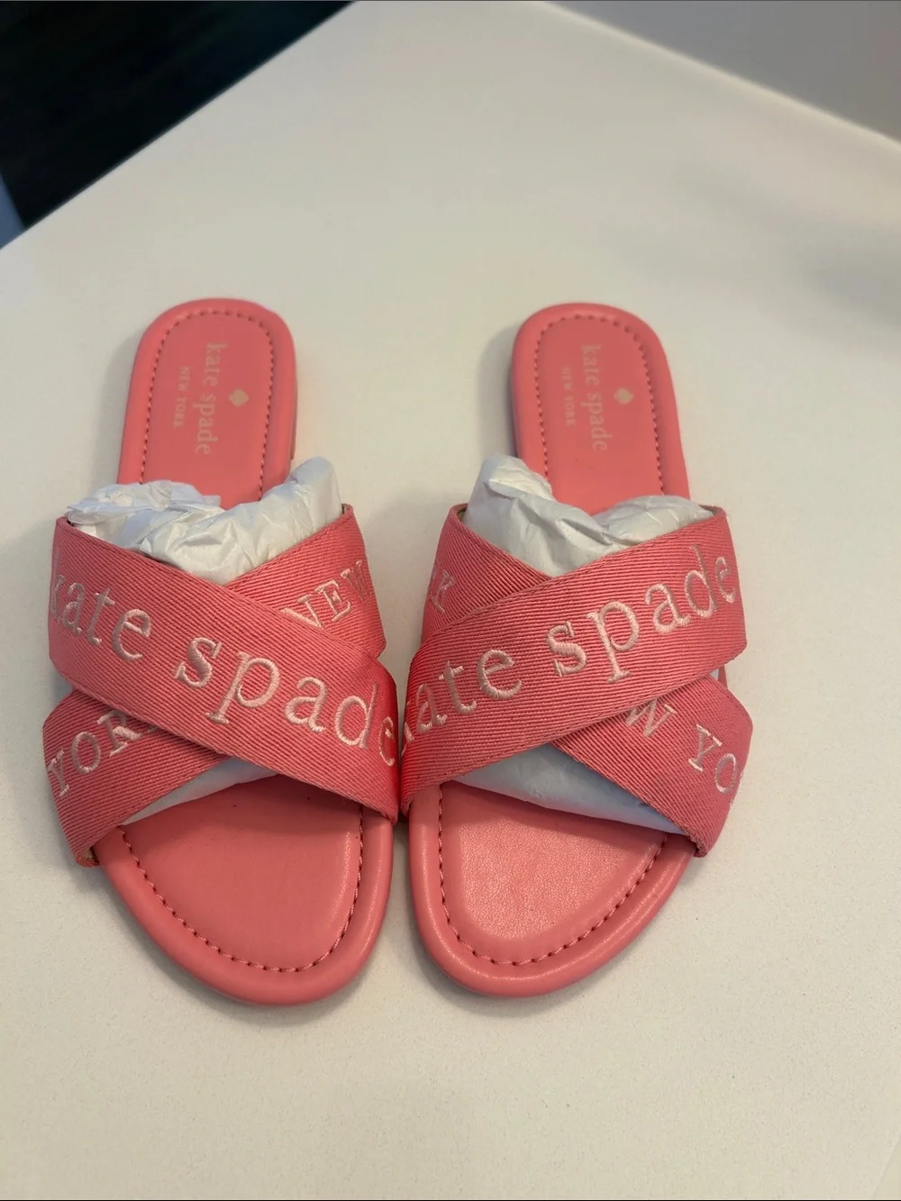 kate spade Coral Pink Crisscross Logo Slide Sandals
